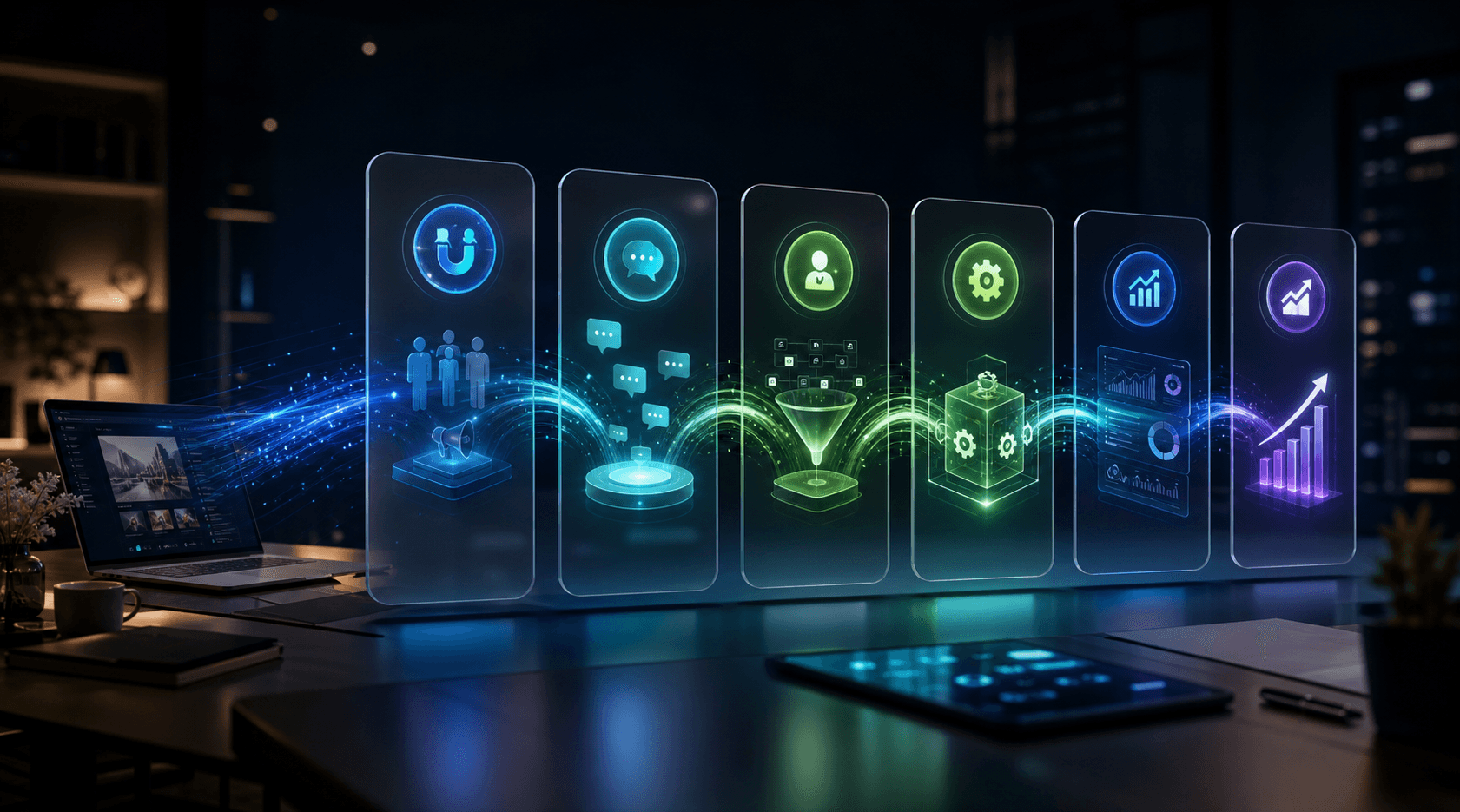 Generated premium AI growth system visualization showing connected website, WhatsApp, chatbot, CRM, booking, and automation modules.