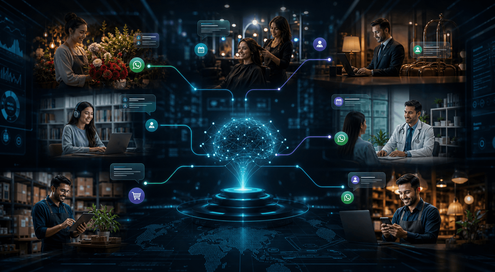 Generated premium visual showing AI-assisted customer response systems for florists, salons, hotels, clinics, institutes, ecommerce brands, and service SMEs.